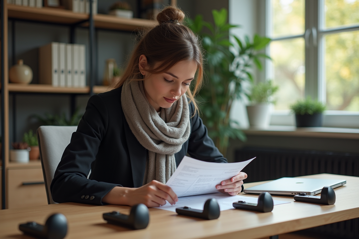 Femme examine une fiche technique de chargeurs de scooter dans un bureau