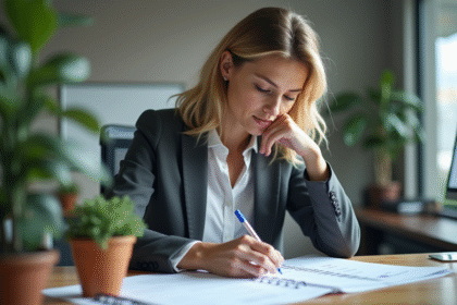 Femme d affaires en train de revoir des formulaires dans un bureau moderne