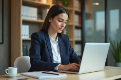 Femme professionnelle travaillant sur un ordinateur dans un bureau moderne