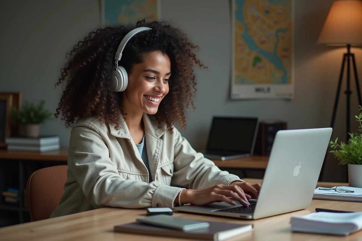 Femme au bureau écoute Radio Gazelle à la maison