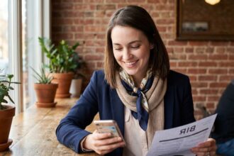 Jeune femme souriante avec smartphone dans un café moderne