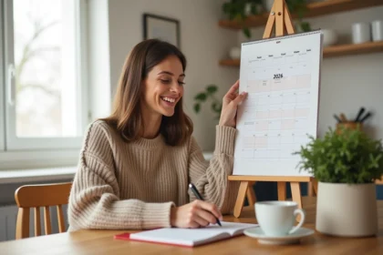 Femme souriante marquant dates sur calendrier 2026 dans la cuisine