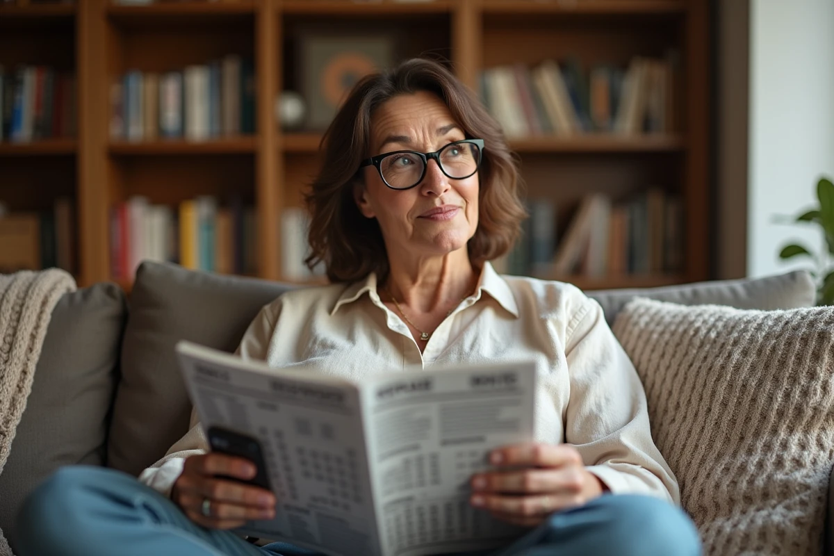 Femme sur canapé cachant discrètement son téléphone avec un solveur de mots derrière un magazine de mots croisés