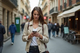 Femme consultant son smartphone pour trouver des WC publics ouverts dans une rue animée d'une ville européenne