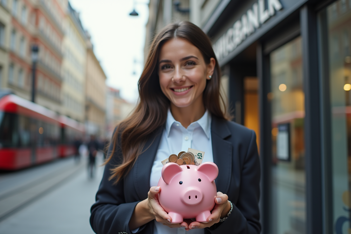 Jeune femme avec tirelire dans une ville animée près d
