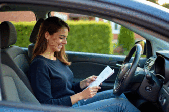 Femme souriante dans sa voiture en conduite quotidienne
