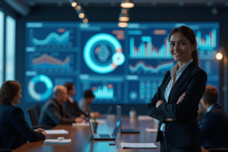 Femme d'affaires dans un bureau moderne avec données digitales