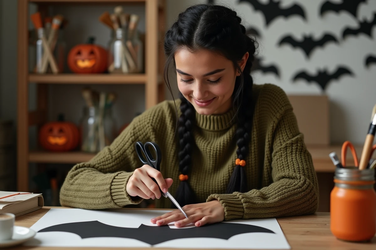 Femme découpant un pochoir de chauve-souris en papier noir pour des décorations Halloween faites main dans un atelier créatif