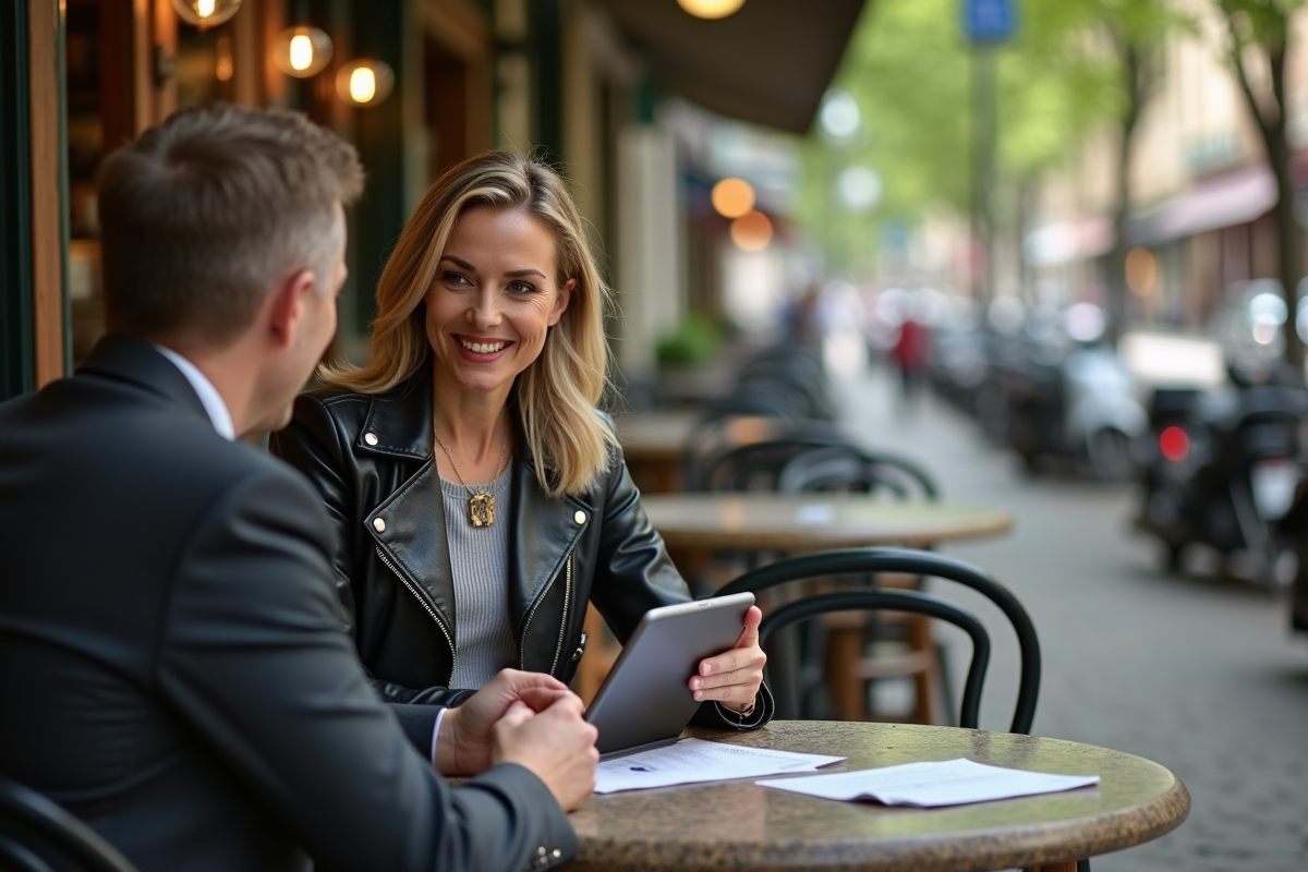 Femme discutant assurance avec agent au cafe en ville