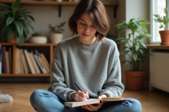Femme écrivant dans un salon cosy et moderne