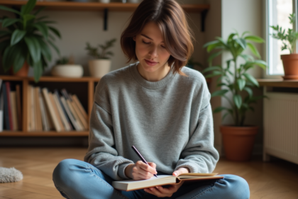 Femme écrivant dans un salon cosy et moderne