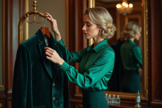 Femme sophistiquée en blouse en soie vert émeraude dans dressing luxe