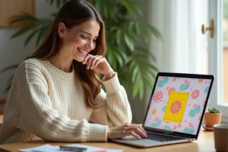 Femme envoyant une cybercarte animée depuis son ordinateur portable à la maison