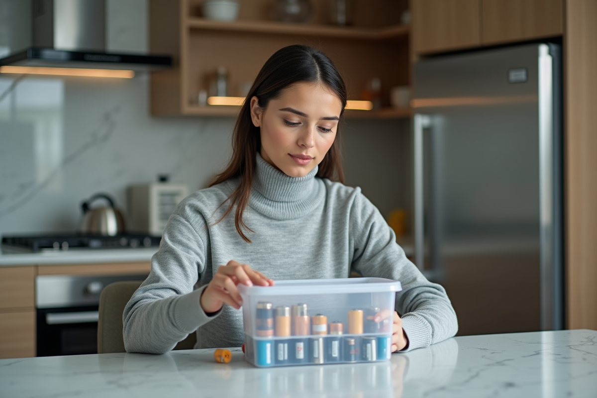 Jeune femme étiquetant des piles dans une cuisine moderne