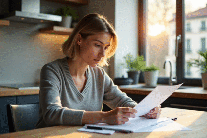 Femme d'âge moyen étudie un document énergie à la maison