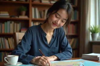 Jeune femme étudiant une carte de l'Asie sur un bureau en bois avec des livres en arrière-plan