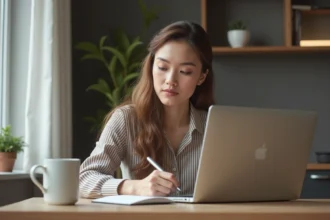 Jeune femme concentrée remplissant un formulaire numérique à la maison