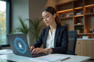 Femme professionnelle utilisant un ordinateur dans un bureau moderne