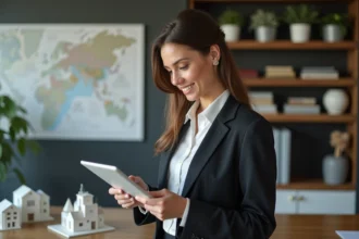 Femme confiante en costume moderne consulte des annonces immobilières