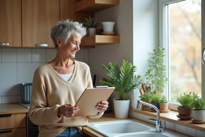 Femme inspectant une fenetre isolante dans sa cuisine lumineuse