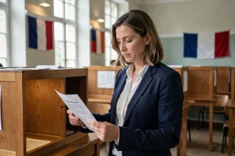 Femme française devant un isoloir lors d'un scrutin, illustrant le quiz sur le parti politique Force Républicaine