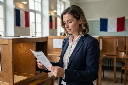 Femme française devant un isoloir lors d'un scrutin, illustrant le quiz sur le parti politique Force Républicaine