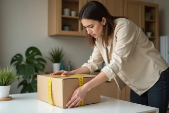 Femme mesurant un colis avec un ruban métrique avant envoi via un casier Vinted Go