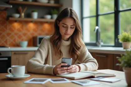Femme pensante dans une cuisine moderne avec smartphone