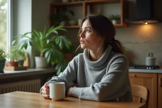 Femme pensive seule à une table de cuisine se demandant si son homme l'aime vraiment