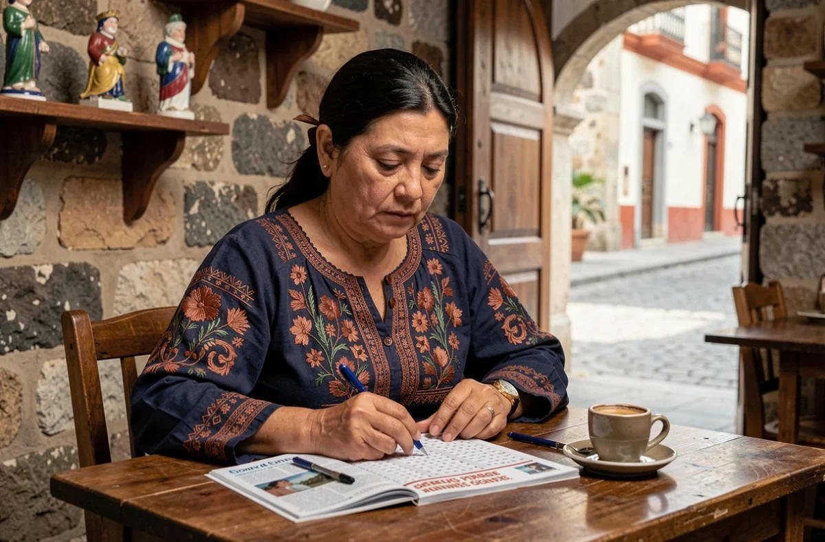 Femme péruvienne résolvant une grille de mots fléchés dans un café colonial de Lima avec un stylo et un café
