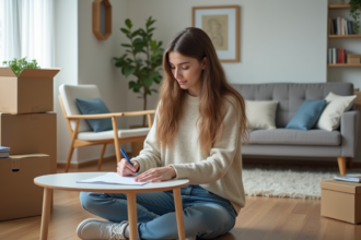 Jeune femme signant un document dans un appartement en déménagement