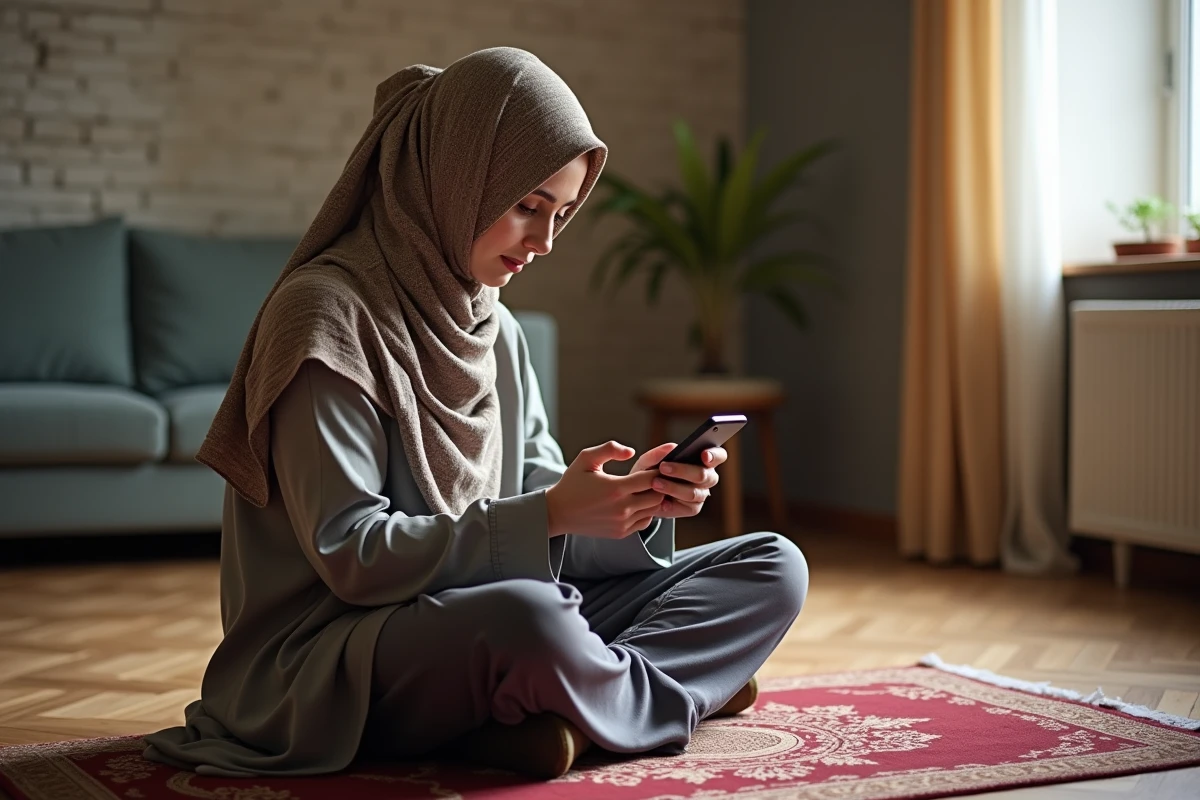 Jeune femme musulmane en hijab lisant ses prières sur son smartphone