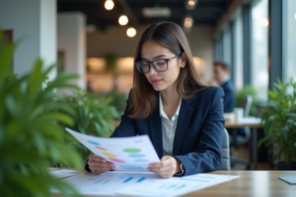 Jeune femme en costume analysant un diagramme coloré au bureau