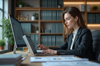 Femme professionnelle en bureau moderne surveillant des données