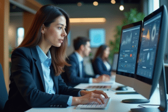 Femme d'affaires concentrée devant un écran technique dans un bureau moderne
