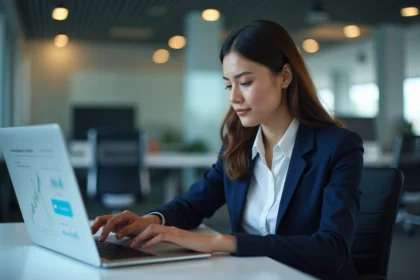 Jeune femme professionnelle utilisant son smartphone pour un transfert numérique