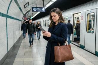 Femme en manteau marine consultant son téléphone sur le quai du métro parisien ligne 4, ambiance quotidienne de trajet professionnel