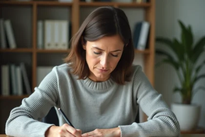 Femme écrivant une lettre de résiliation d'assurance à son bureau à domicile