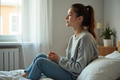 Jeune femme pensive assise sur un lit dans une chambre minimaliste