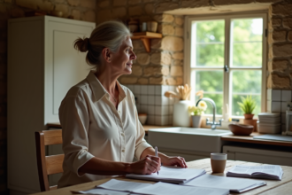 Femme d'âge moyen dans une cuisine rustique examine des documents