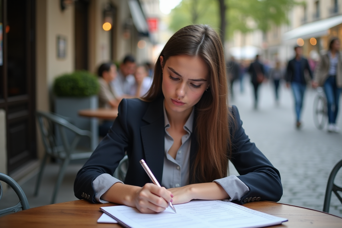 Jeune femme d affaires examinant des formulaires dans un café en plein air