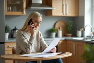 Femme d'âge moyen parlant au téléphone avec document de garantie