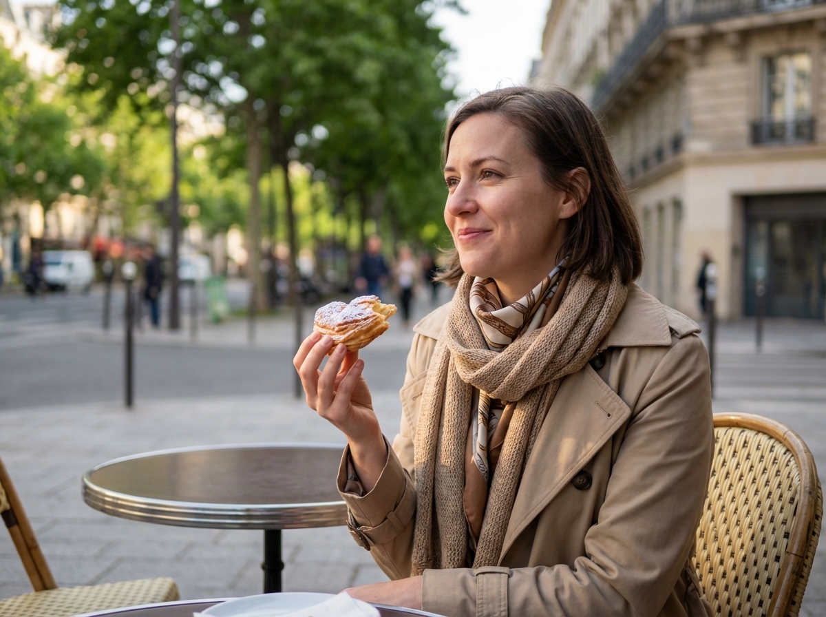 Jeune femme dégustant une pâtisserie en terrasse parisienne