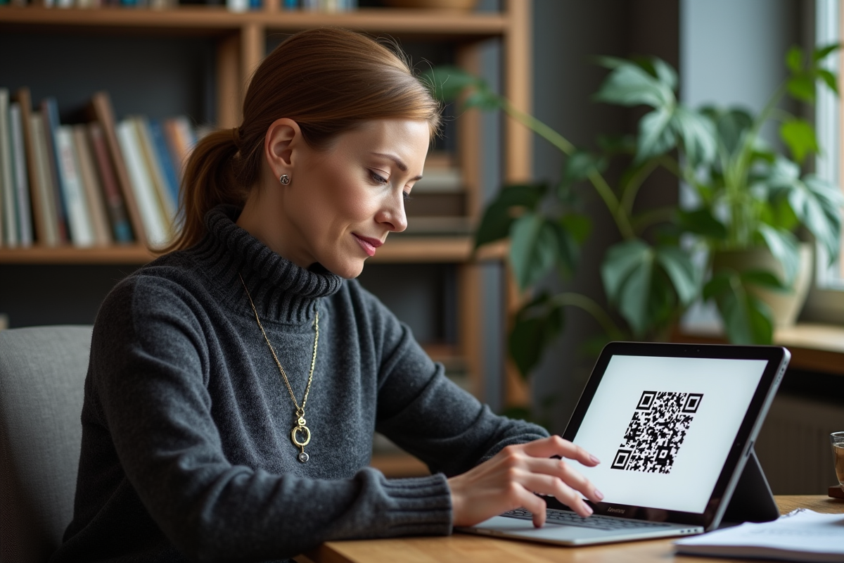 Femme scannant un QR code sur sa tablette dans un bureau