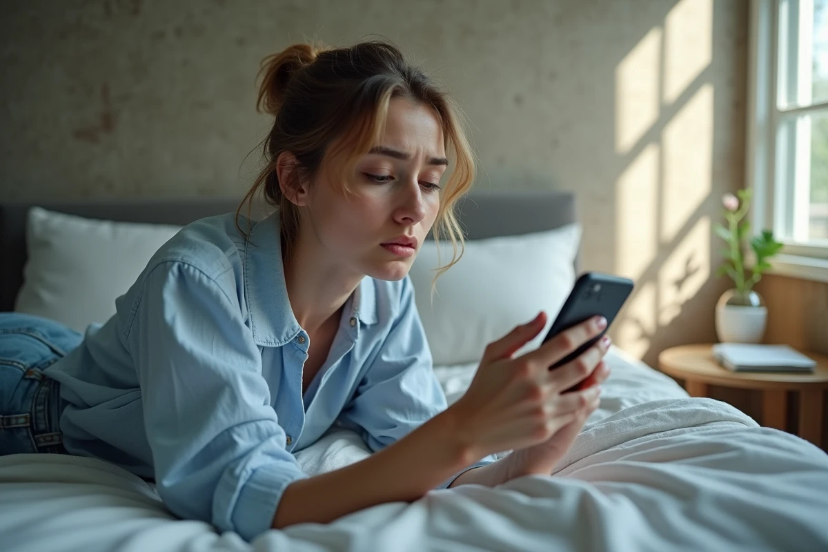 Jeune femme allongée seule dans son lit consultant son téléphone avec inquiétude sur son histoire d'amour