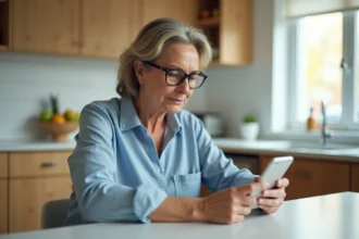 Femme assise à la cuisine avec smartphone et relief