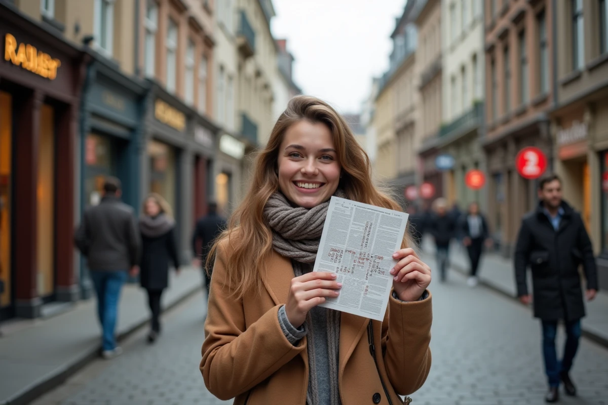 Jeune femme souriante tenant un mots croisés dans une rue belge animée