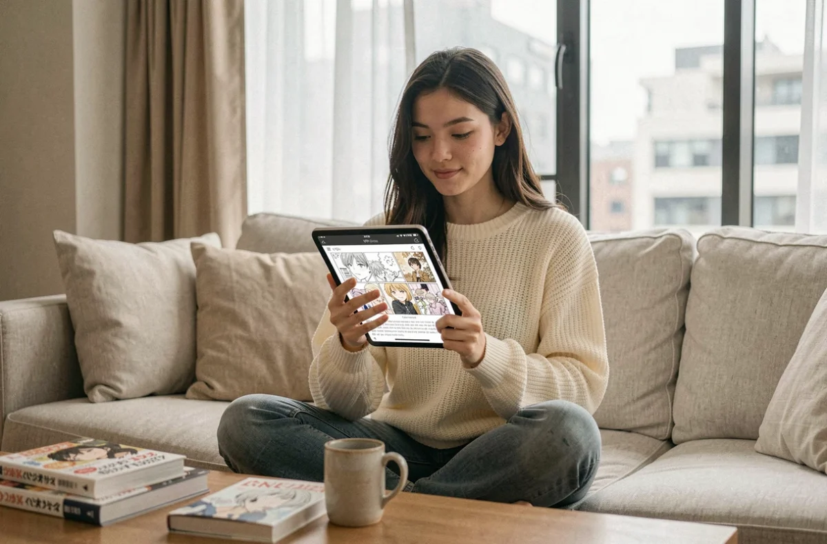Jeune femme utilisant une tablette pour lire des mangas avec un VPN activé dans un salon moderne