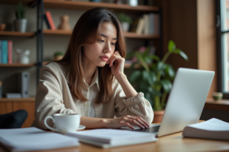 Jeune femme concentrée traduisant un texte sur son ordinateur