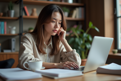 Jeune femme concentrée traduisant un texte sur son ordinateur